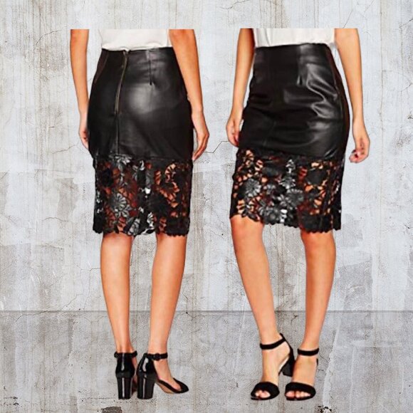 Beautiful Black Faux Leather Skirt  Lace Cut out bottom - Picture 3 of 5